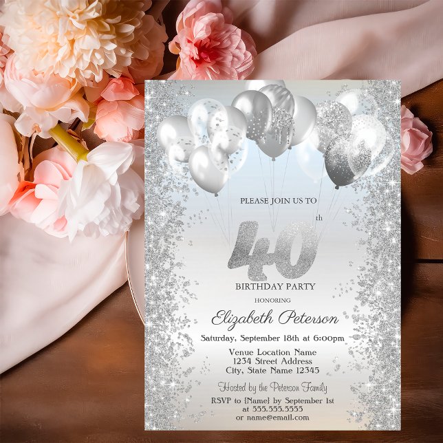 Silver Glitter Confetti Balloons 40th Birthday Invitation (Creator Uploaded)