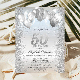 Silver Glitter Confetti Balloons 50th Birthday Invitation