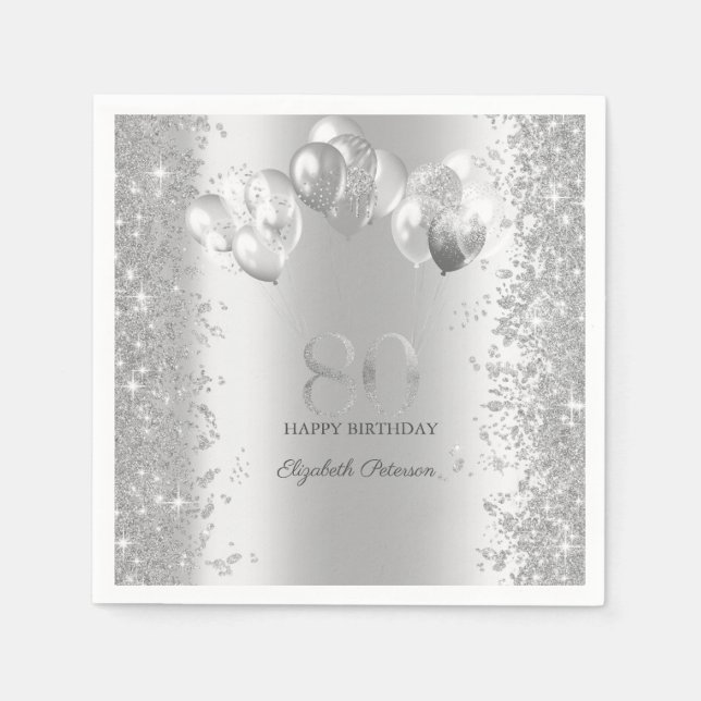 Silver Glitter Confetti Balloons 80th Birthday Napkin (Front)