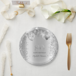 Silver Glitter Confetti Balloons 80th Birthday Paper Plate