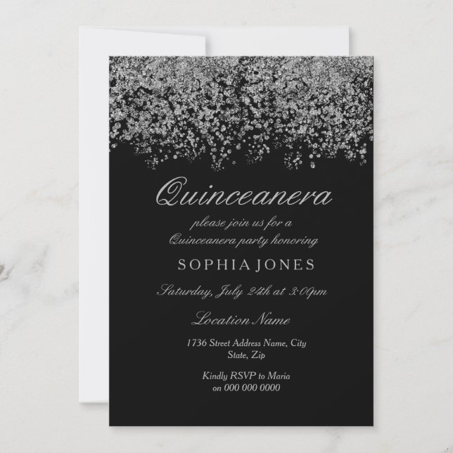 Silver Glitter Confetti Black Quinceanera Invite (Front)