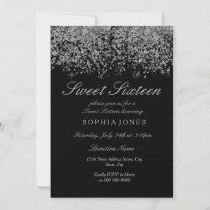 Silver Glitter Confetti Black Sweet 16 Invitation