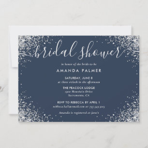 Silver Glitter Confetti Navy Blue Bridal Shower Invitation