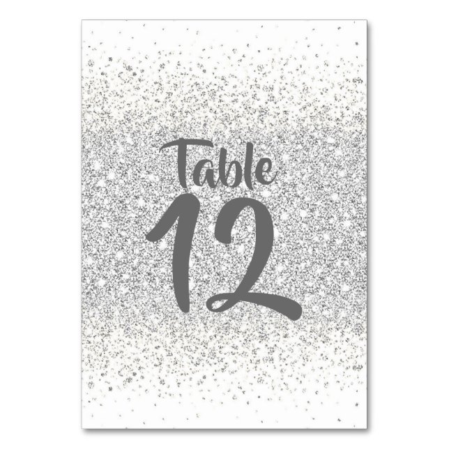 Silver Glitter Confetti on White Table Number (Front)