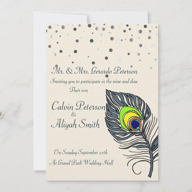 Silver Glitter Confetti Peacock Feathers Wedding Invitation (Front)
