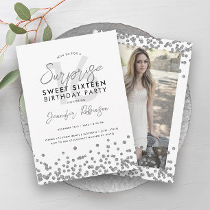 Silver Glitter Confetti Photo Surprise Sweet 16  Invitation