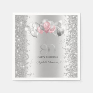 Silver Glitter Confetti Pink Balloons 80th  Napkin