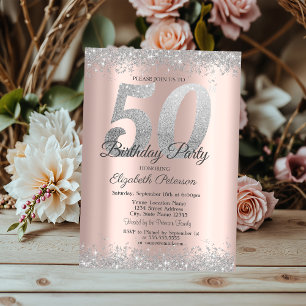 Silver Glitter Confetti Rose Gold 50th Birthday Invitation