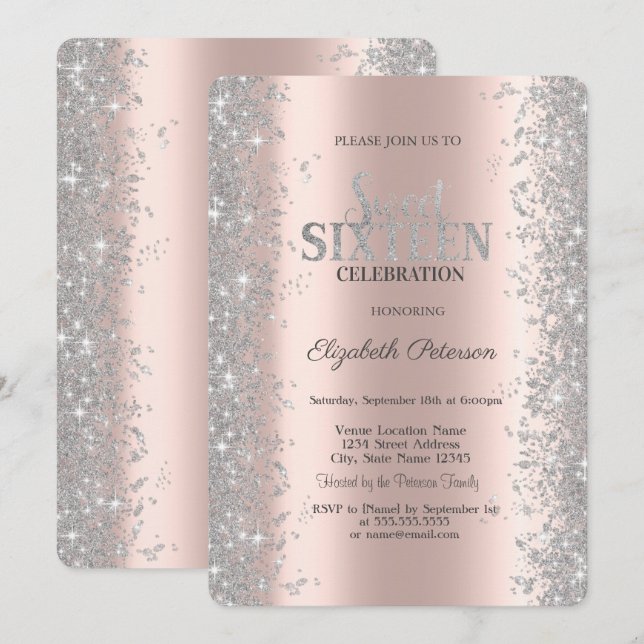 Silver Glitter Confetti Rose Gold  Sweet 16  Invitation (Front/Back)