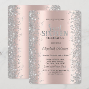 Silver Glitter Confetti Rose Gold  Sweet 16  Invitation