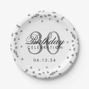 Silver Glitter Confetti White 30th Birthday Paper Plate