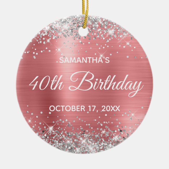 Silver Glitter Coral Foil 40th Birthday Ceramic Ornament (Front)