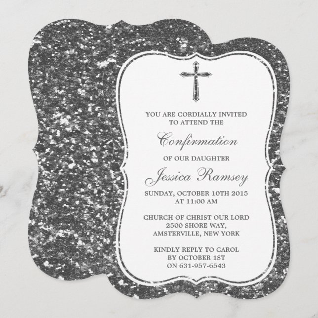 Silver Glitter Cross Holy Communion Confirmation Invitation (Front/Back)