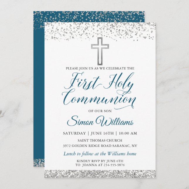Silver Glitter Cross Script First Holy Communion Invitation (Front/Back)