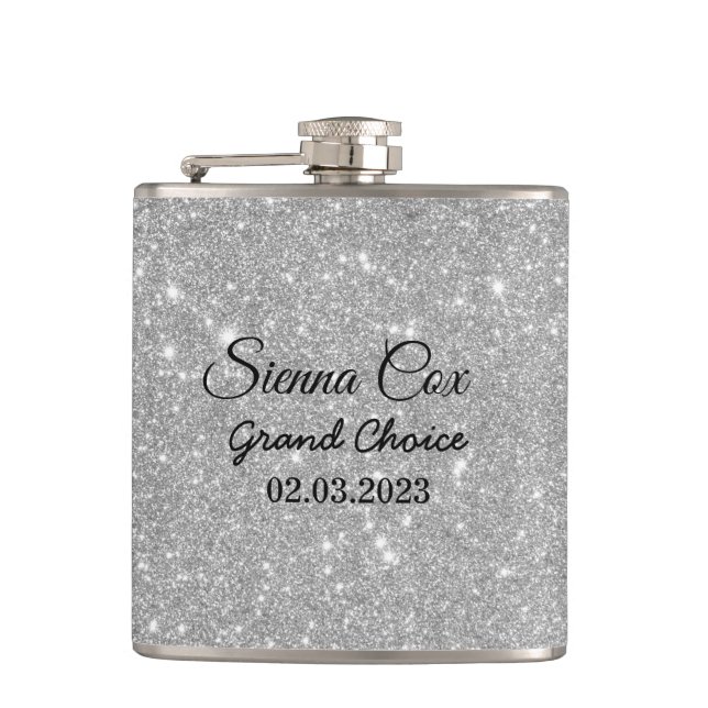 Silver Glitter Custom Name  Hip Flask (Front)