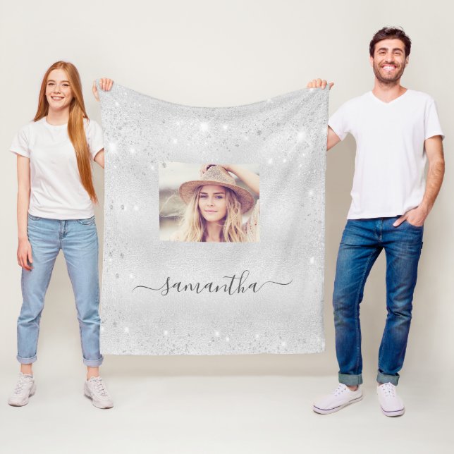 Silver glitter custom photo name fleece blanket (In Situ)