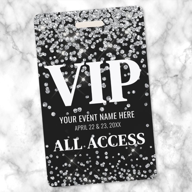 Silver Glitter Custom VIP Pass Event ID Badge (Silver Glitter VIP Event Badge)