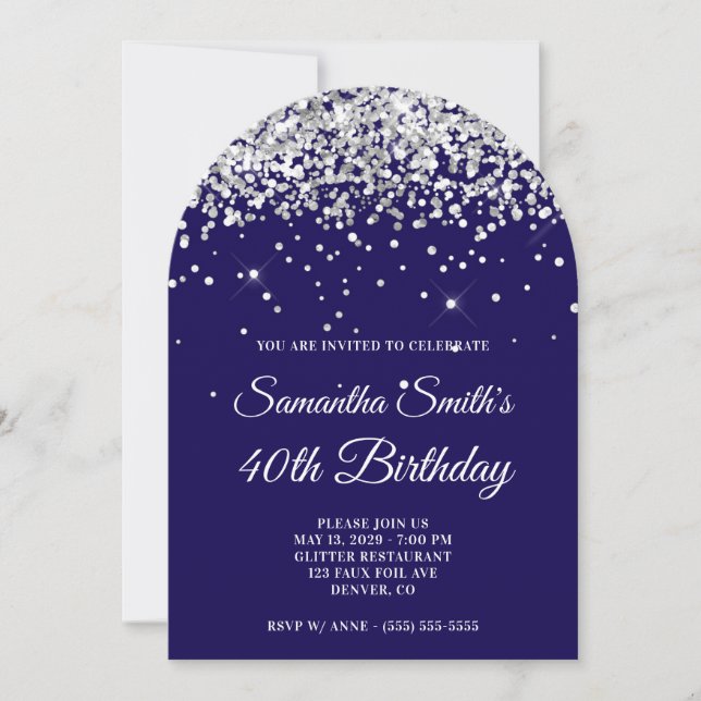 Silver Glitter Dark Blue Photo 40th Birthday Invitation (Front)