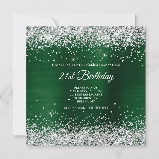 Silver Glitter Dark Green Foil 21st Birthday Invitation (Front)