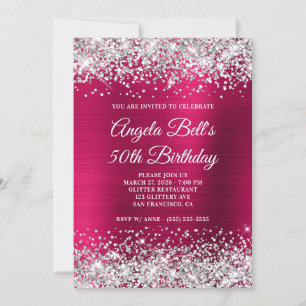 Silver Glitter Dark Pink Foil 50th Birthday Invitation