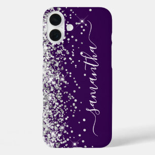Silver Glitter Dark Purple Girly Signature iPhone 16 Plus Case