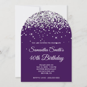 Silver Glitter Dark Purple Photo 40th Birthday Invitation