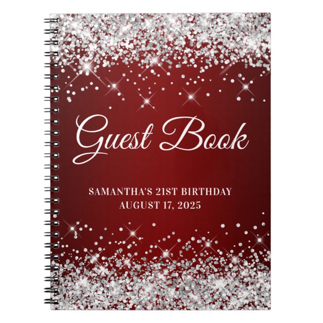 Silver Glitter Dark Red 21st Birthday Guestbook Notebook (Front)