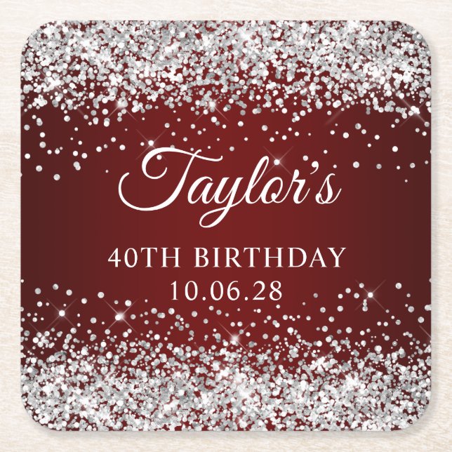 Silver Glitter Dark Red 40th Birthday Square Paper Coaster (Front)