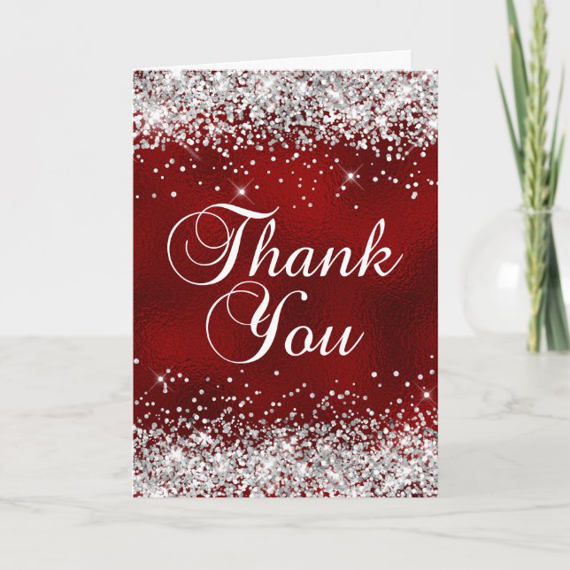 Silver Glitter Dark Red Glass Foil Thank You Card (Front)