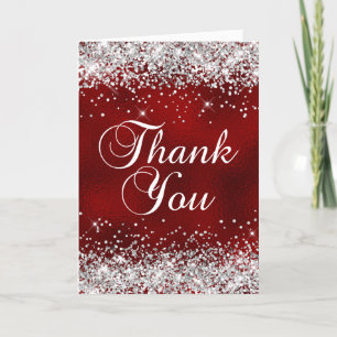 Silver Glitter Dark Red Glass Foil Thank You Card