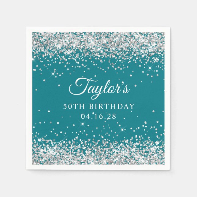 Silver Glitter Dark Turquoise 50th Birthday Napkin (Front)
