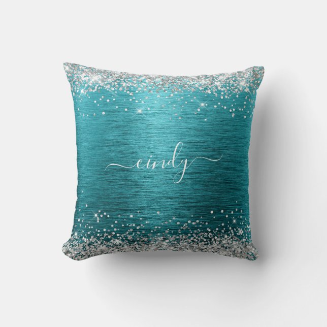Silver Glitter Dark Turquoise Brushed Metal Name Cushion (Front)