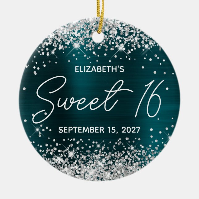 Silver Glitter Dark Turquoise Fancy Sweet 16 Photo Ceramic Ornament (Front)
