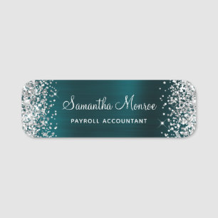 Silver Glitter Dark Turquoise Foil Name Title Tag