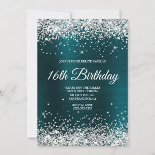 Silver Glitter Dark Turquoise Ombre Foil Monogram Invitation