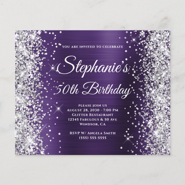 Silver Glitter Dark Violet Foil 50th Birthday Flyer (Front)
