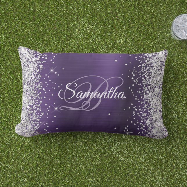 Silver Glitter Dark Violet Foil Fancy Monogram Lumbar Cushion (Grass)