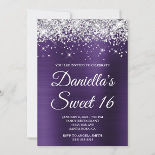 Silver Glitter Dark Violet Foil Sweet 16 Invitation