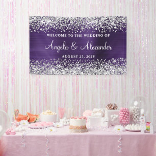 Silver Glitter Dark Violet Foil Wedding Welcome Banner