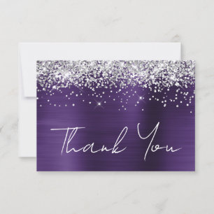 Silver Glitter Dark Violet Purple 21st Birthday Thank You Card