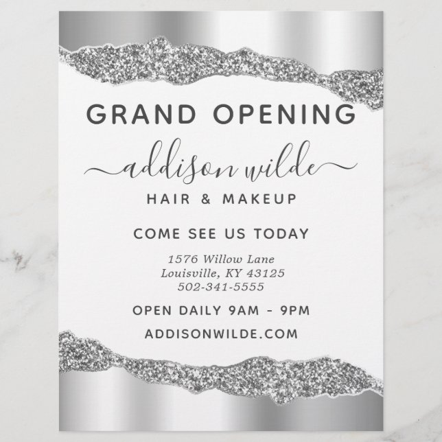 Silver Glitter Diamond Glam Business Grand Opening Flyer (Front)