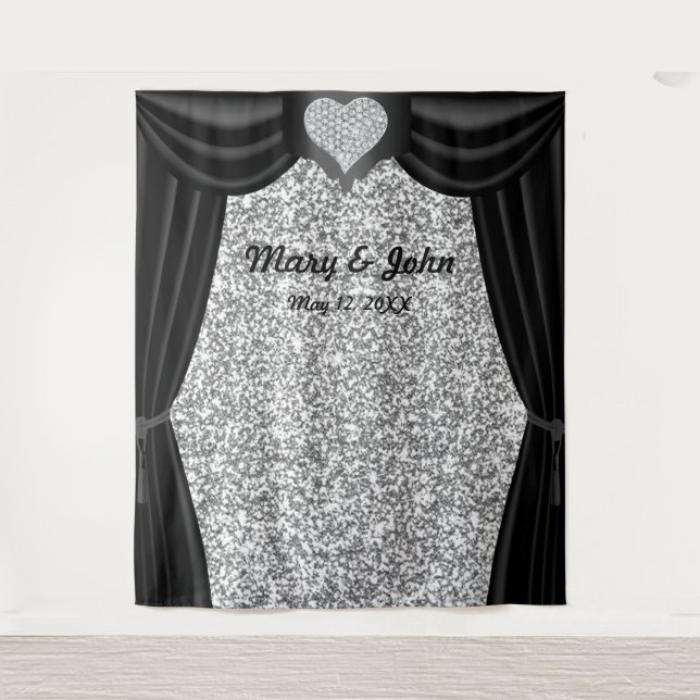 Silver Glitter Diamond Heart Black Curtain Tapestry (Front)