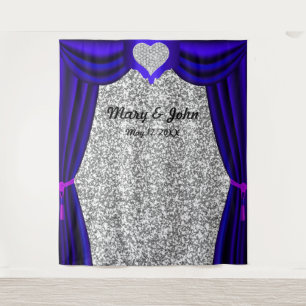 Silver Glitter Diamond Heart Blue Curtain Backdrop Tapestry