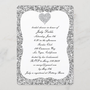 Silver Glitter Diamond Heart Bridal Shower Invite