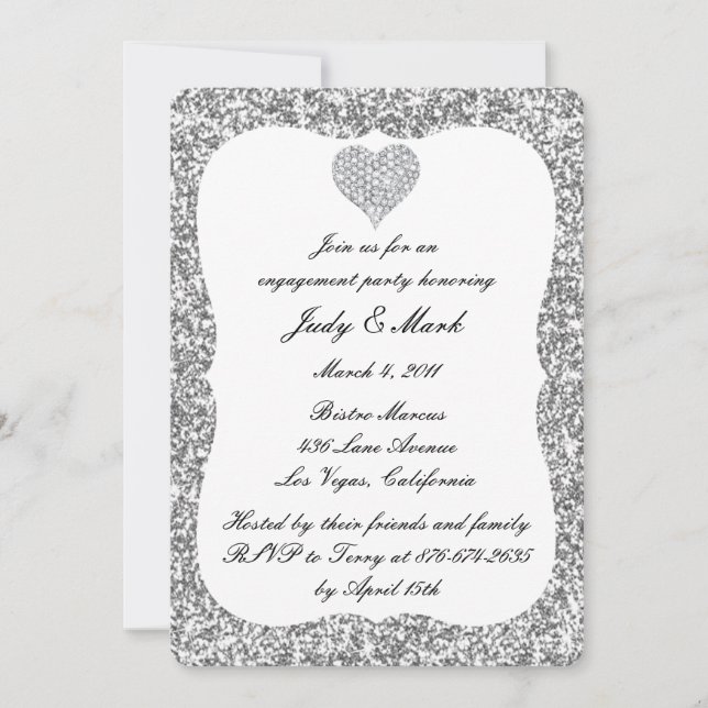 Silver Glitter Diamond Heart Engagement Party Invitation (Front)