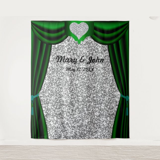 Silver Glitter Diamond Heart Green Curtain Tapestry (Front)