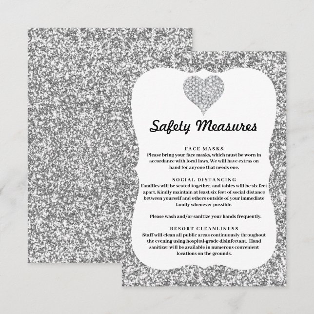 Silver Glitter Diamond Heart Safety Measures Enclosure Card (Front/Back)