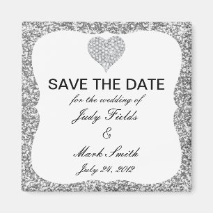 Silver Glitter Diamond Heart Save The Date Magnet