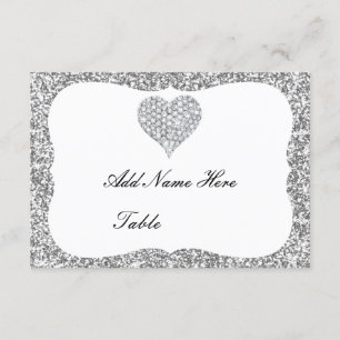 Silver Glitter Diamond Heart Table Place Card