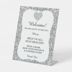 Silver Glitter Diamond Heart Wedding Safety Pedestal Sign